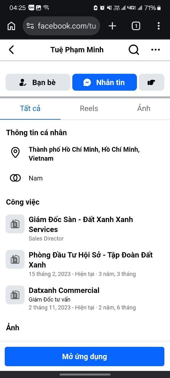 Ảnh chụp phần thông tin cá nhân và công việc của Tuệ Phạm Minh